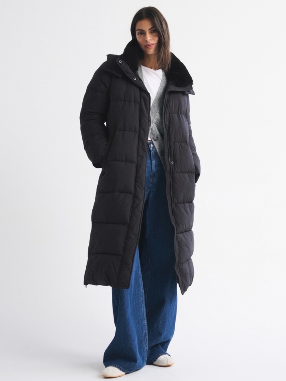 Abercrombie & Fitch Long Black Quilted Puffer Coat with Hood